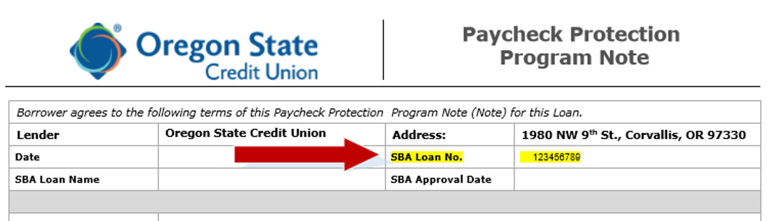SBA PPP loan number location - Sample Oregon State Credit Union Note